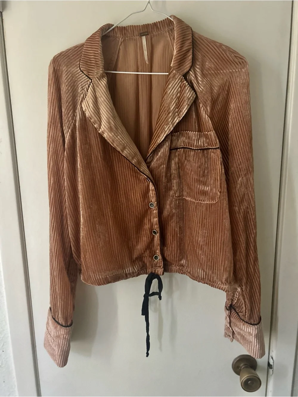Free People Velvet Ribbed Button-Front Top in Copper